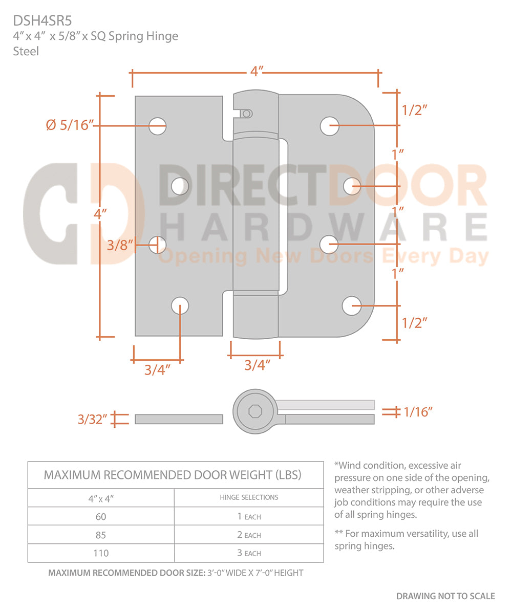Measurements for Deltana 4" x 4" x 5/8" x Square Radius Corner Spring Hinge