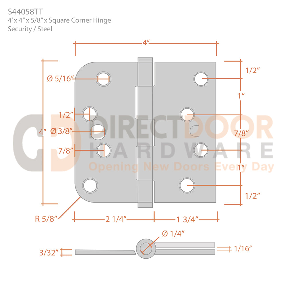 Measurements for Deltana 4 x 4 Inch Steel Door Hinge