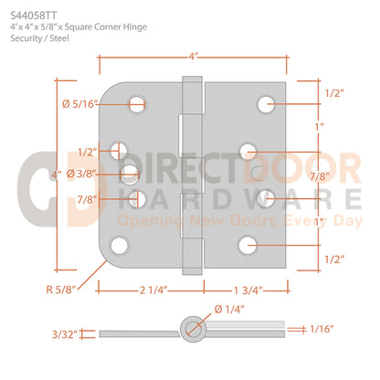 Measurements for Deltana 4 x 4 Inch Steel Door Hinge