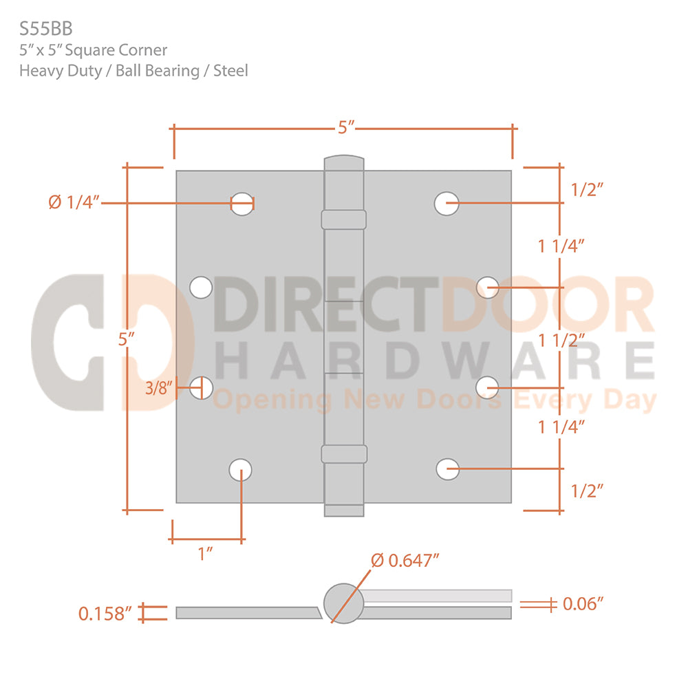 Measurements for Deltana 5 x 5 Inch Steel Door Hinge