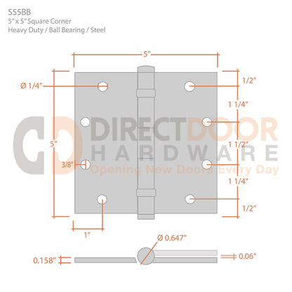 Measurements for Deltana 5 x 5 Inch Steel Door Hinge
