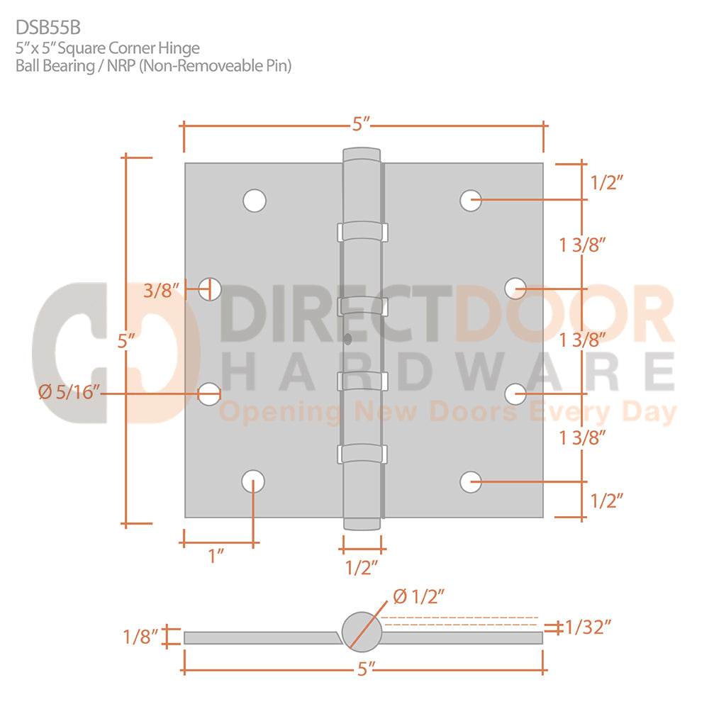 Deltana 5" x  5" Square Corner Hinge Measurements