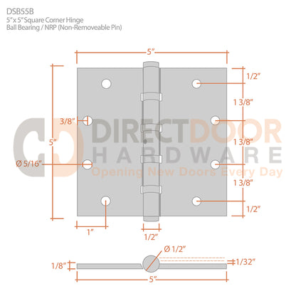 Deltana 5" x  5" Square Corner Hinge Measurements