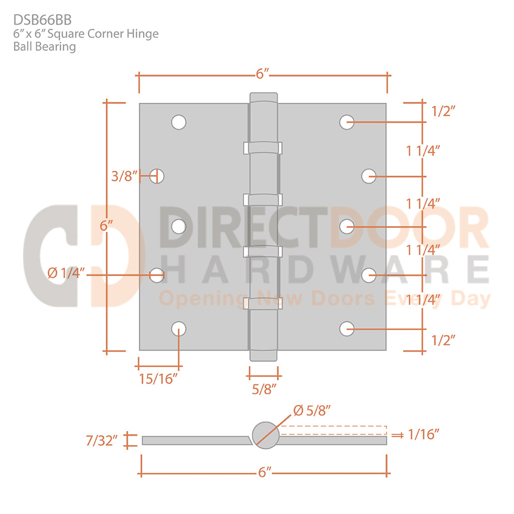 Deltana 6 x 6 Inch Square Corner Hinge Measurements