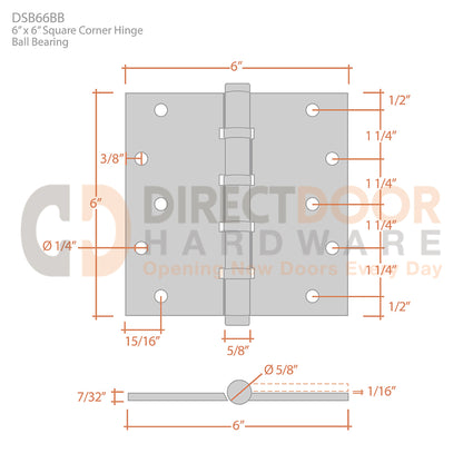 Deltana 6 x 6 Inch Square Corner Hinge Measurements