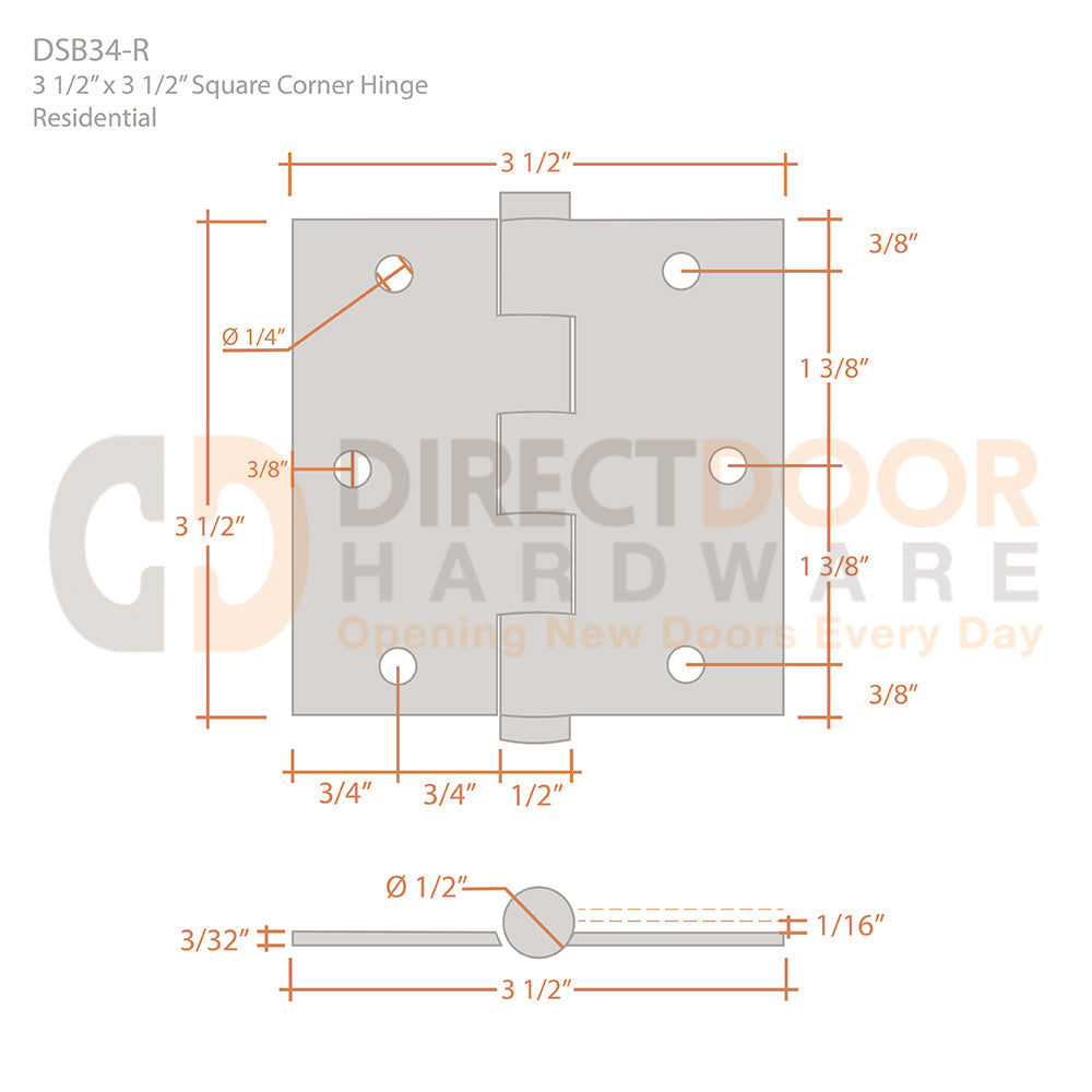 Deltana 3 1/2 x 3 1/2 Inch Square Corner Heavy Duty Hinge Measurements