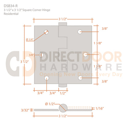 Deltana 3 1/2 x 3 1/2 Inch Square Corner Heavy Duty Hinge Measurements