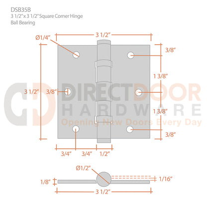 Deltana 3 1/2 x 3 1/2 Inch Square Corner Ball Bearing Hinge Measurements