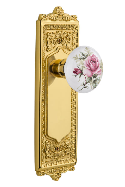 Nostalgic Warehouse Egg and Dart Plate with White/ Rose Porcelain Knob - Polished Brass/Unlacquered Brass 