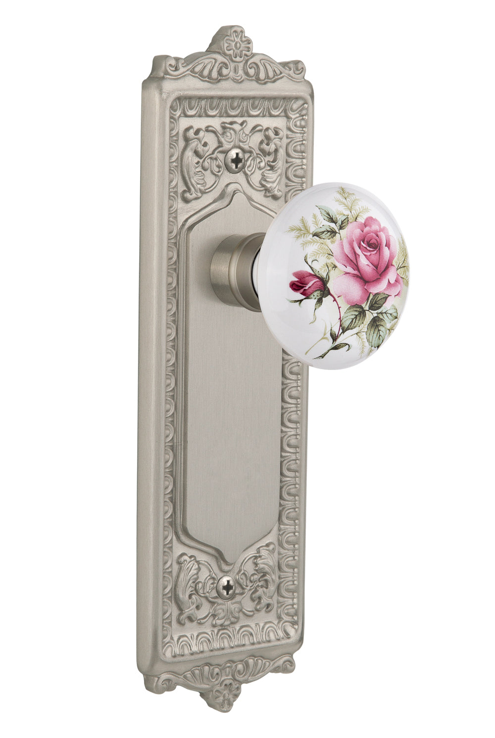 Nostalgic Warehouse Egg and Dart Plate with White/ Rose Porcelain Knob - Satin Nickel