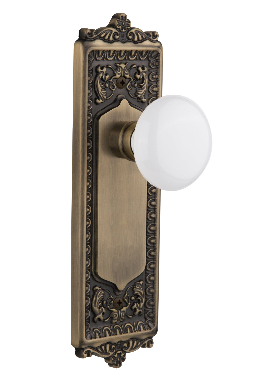 Nostalgic Warehouse Egg and Dart Plate with White Porcelain Knob - Antique Brass