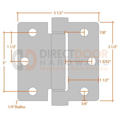 Measurements for Emtek 3.5 inch Spring Hinge - 1/4 inch Radius
