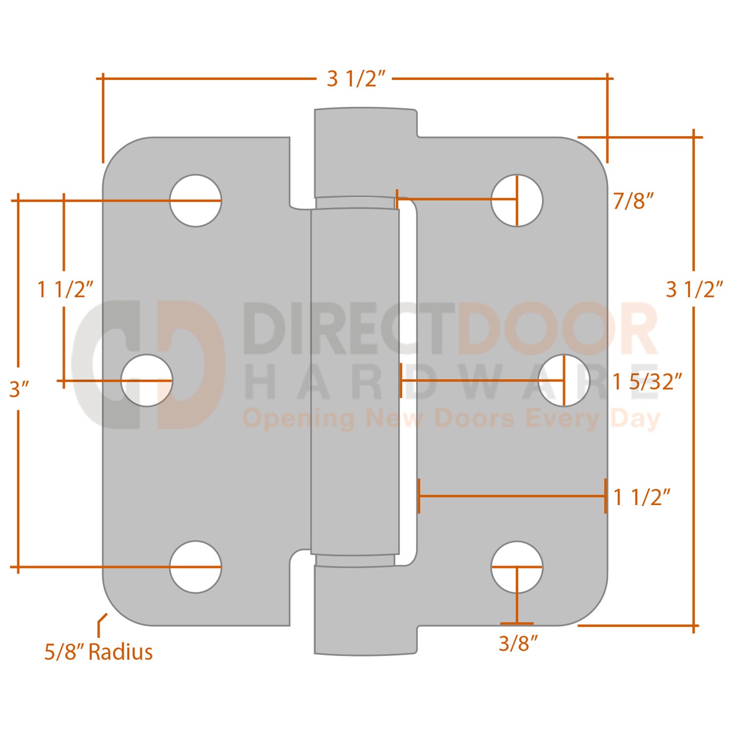 Measurements for Emtek 3.5 inch Spring Hinge - 5/8 inch Radius