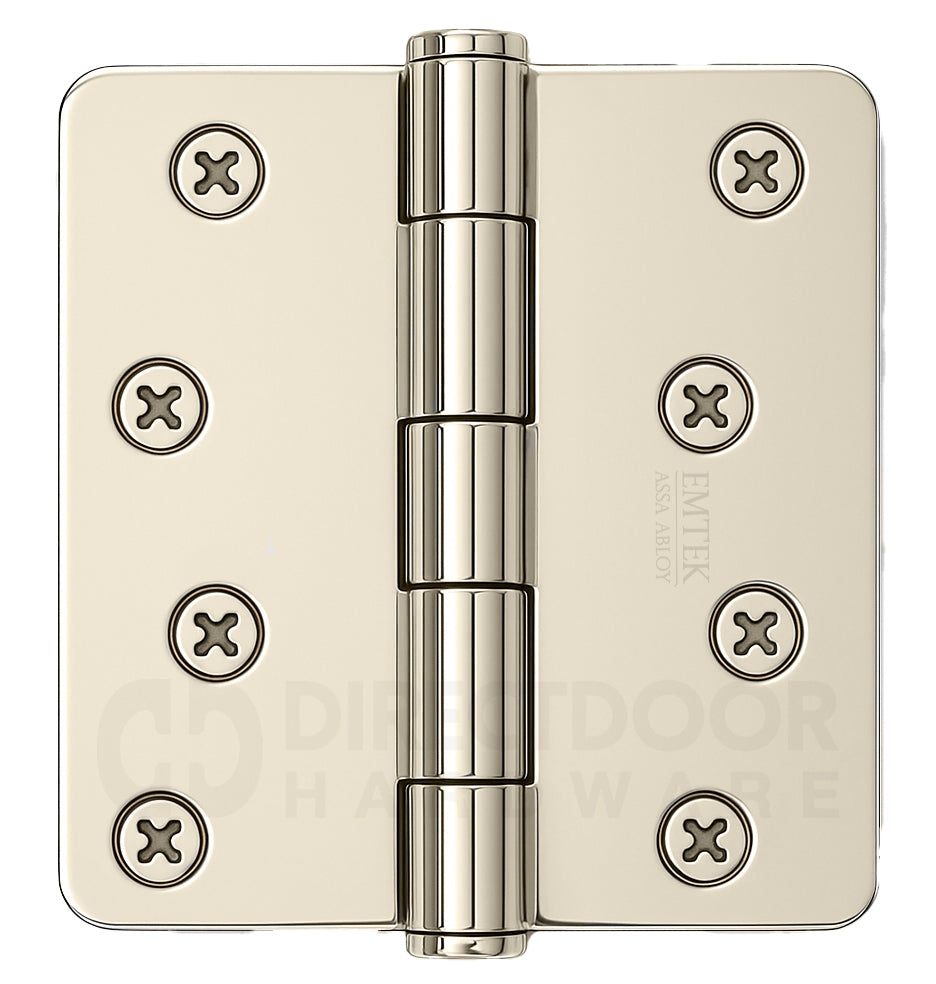 Emtek 4 Inch Residential Duty Door Hinges with 1/4 Inch Round Corners in Polished Nickel