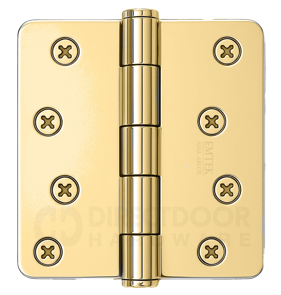 Emtek 4 Inch Residential Duty Door Hinges with 1/4 Inch Round Corners in Polished Brass