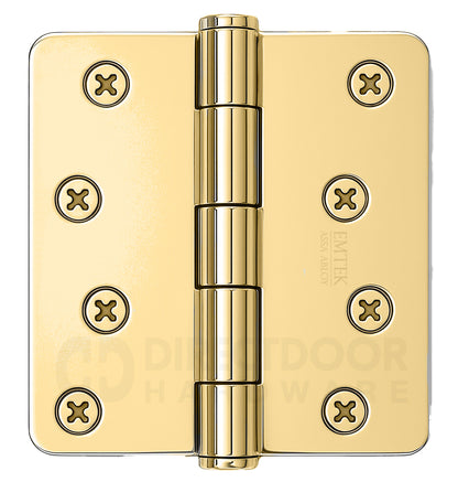 Emtek 4 Inch Residential Duty Door Hinges with 1/4 Inch Round Corners in Polished Brass