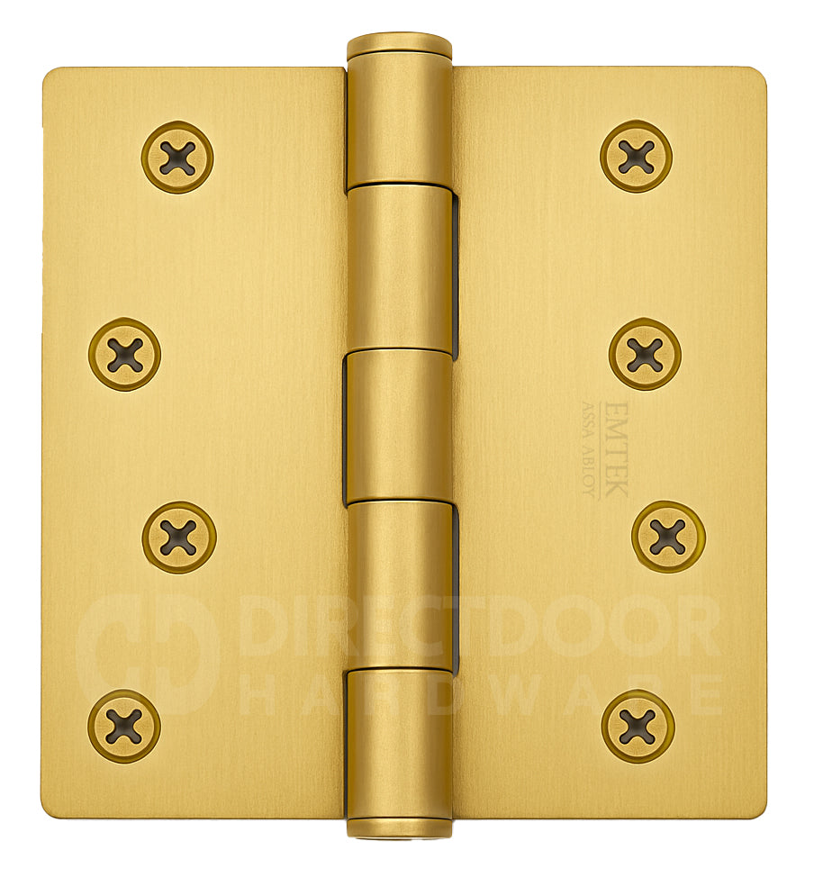 Emtek 4 Inch Residential Duty Door Hinges with 1/4 Inch Round Corners in Satin Brass
