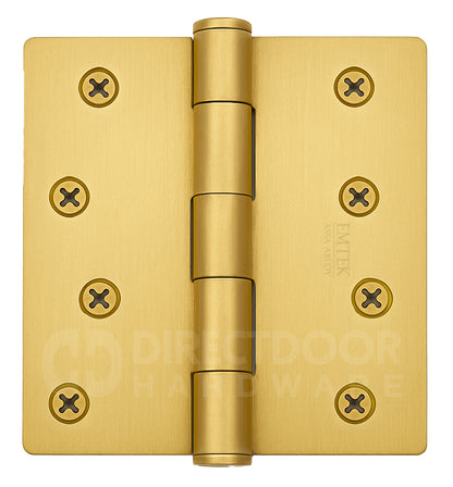 Emtek 4 Inch Residential Duty Door Hinges with 1/4 Inch Round Corners in Satin Brass