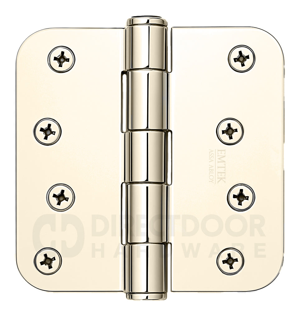 Emtek 4 Inch Residential Duty Door Hinges With 5/8 Inch Round Corners in Polished Nickel