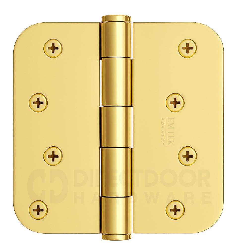 Emtek 4 Inch Residential Duty Door Hinges With 5/8 Inch Round Corners in Polished Brass