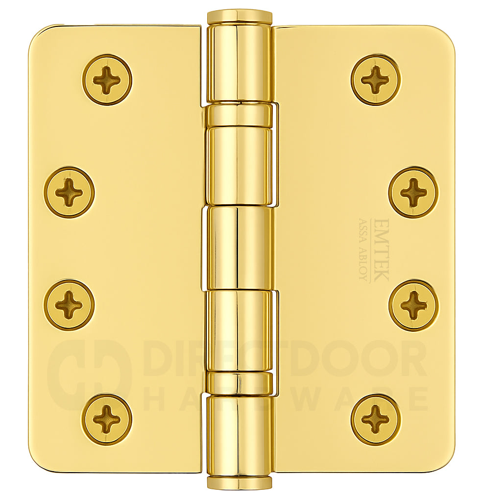 Emtek 4 x 4 Inch Steel Ball Bearing Door Hinge with 1/4 Inch Round Corners in Polished Brass