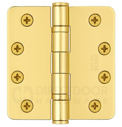 Emtek 4 x 4 Inch Steel Ball Bearing Door Hinge with 1/4 Inch Round Corners in Polished Brass