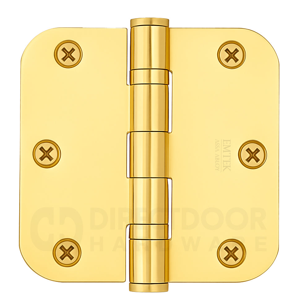 Emtek 3.5 x 3.5 Inch Steel Ball Bearing Door Hinge with 5/8 Inch Radius Corner in Polished Brass