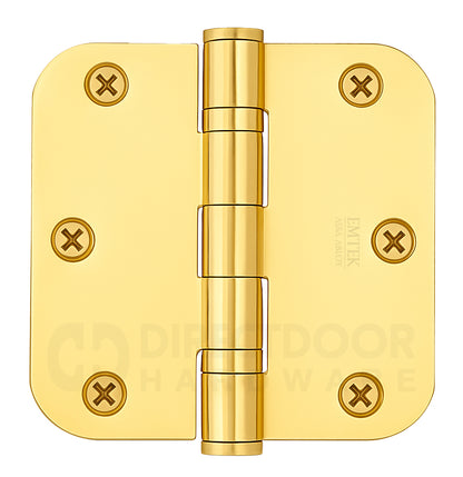Emtek 3.5 x 3.5 Inch Steel Ball Bearing Door Hinge with 5/8 Inch Radius Corner in Polished Brass