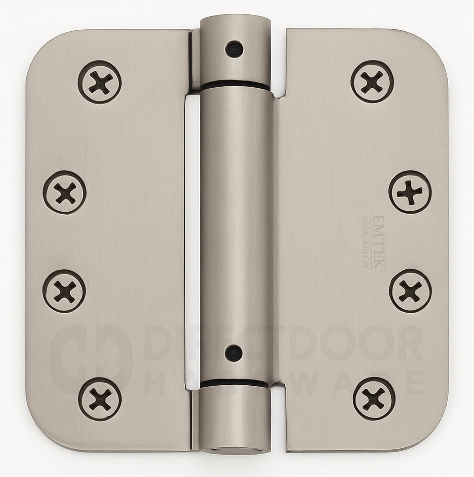 Emtek 4" Steel Spring Door Hinges with 5/8 Inch Round Corners in Satin Nickel
