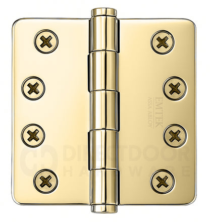 Emtek 4 Inch Residential Duty Door Hinges With 1/4 Inch Round Corners Polished Brass