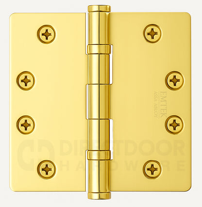Emtek 4.5 Inch Ball Bearing Door Hinges With 1/4 Inch Round Corner in Polished Brass