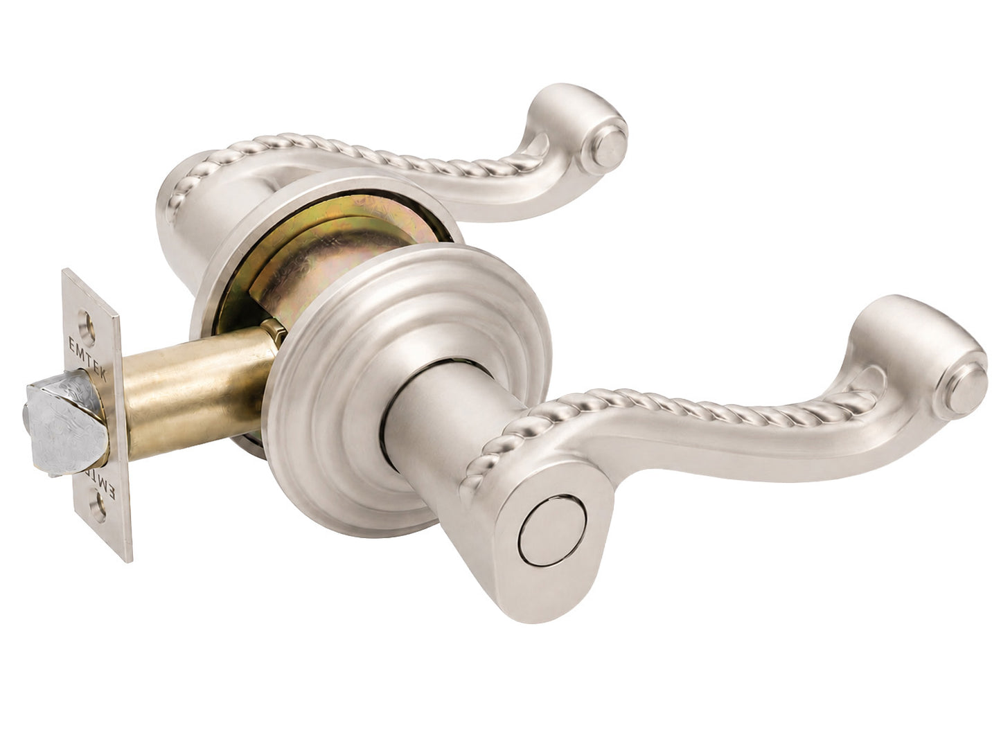 Emtek Rope Key in dummy Lever with Regular Rosette shown in satin nickel.