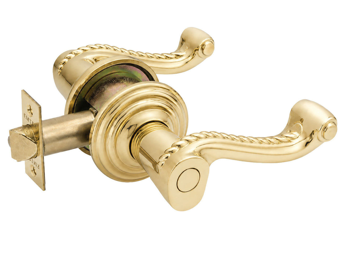 Emtek Rope Key in Lever Dummy with Regular Rosette shown in polished brass.