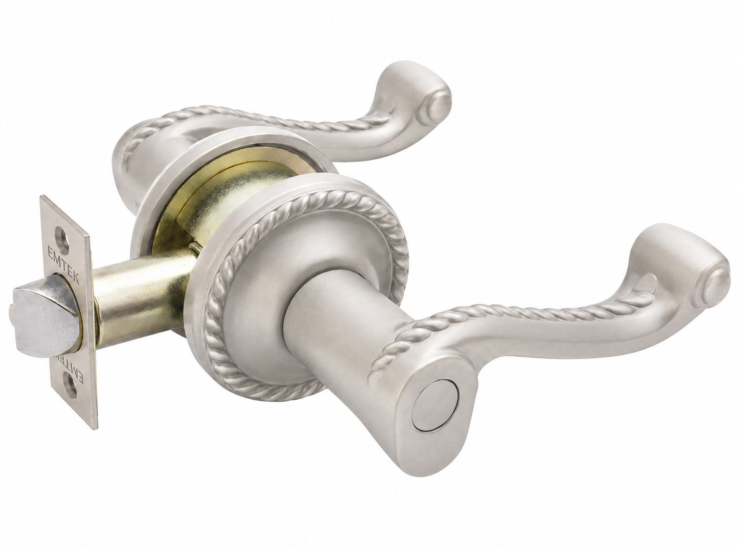 Emtek rope dummy keyed lever with rope rosette shown in a satin nickel finish.