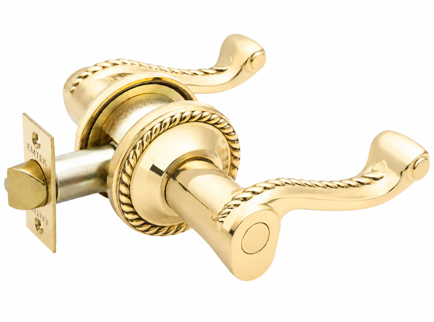 Emtek rope dummy keyed lever with rope rosette shown in a polished brass finish.