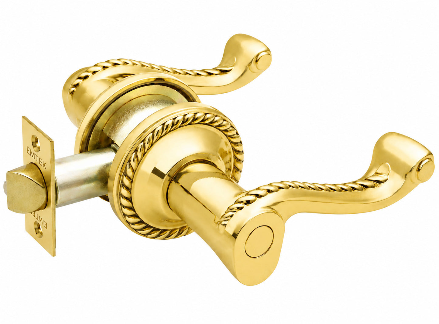 Emtek rope dummy keyed lever with rope rosette shown in a unlaquered brass finish.