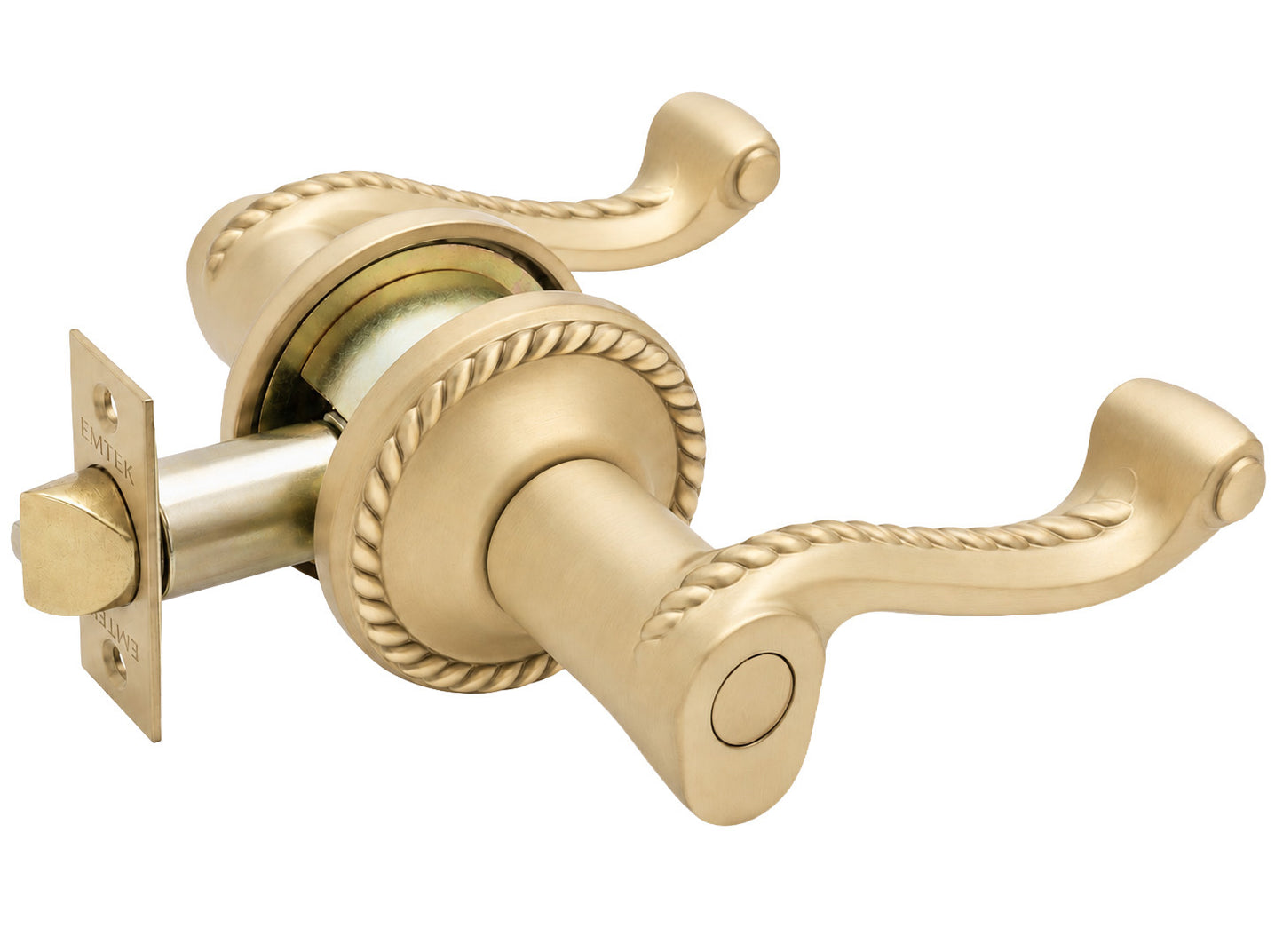 Emtek rope dummy keyed lever with rope rosette shown in a satin brass finish.
