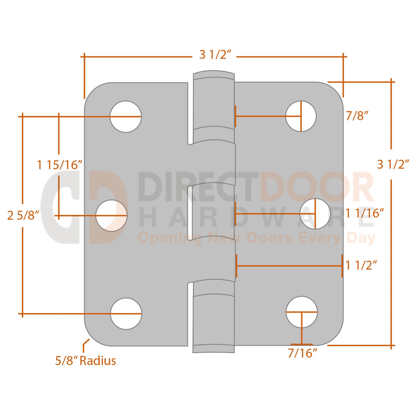 Measurements for Emtek 3.5 inch Ball Bearing Hinge - 5/8 inch Radius