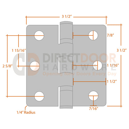 Measurements for Emtek 3.5 inch Ball Bearing Hinge - 1/4 inch Radius