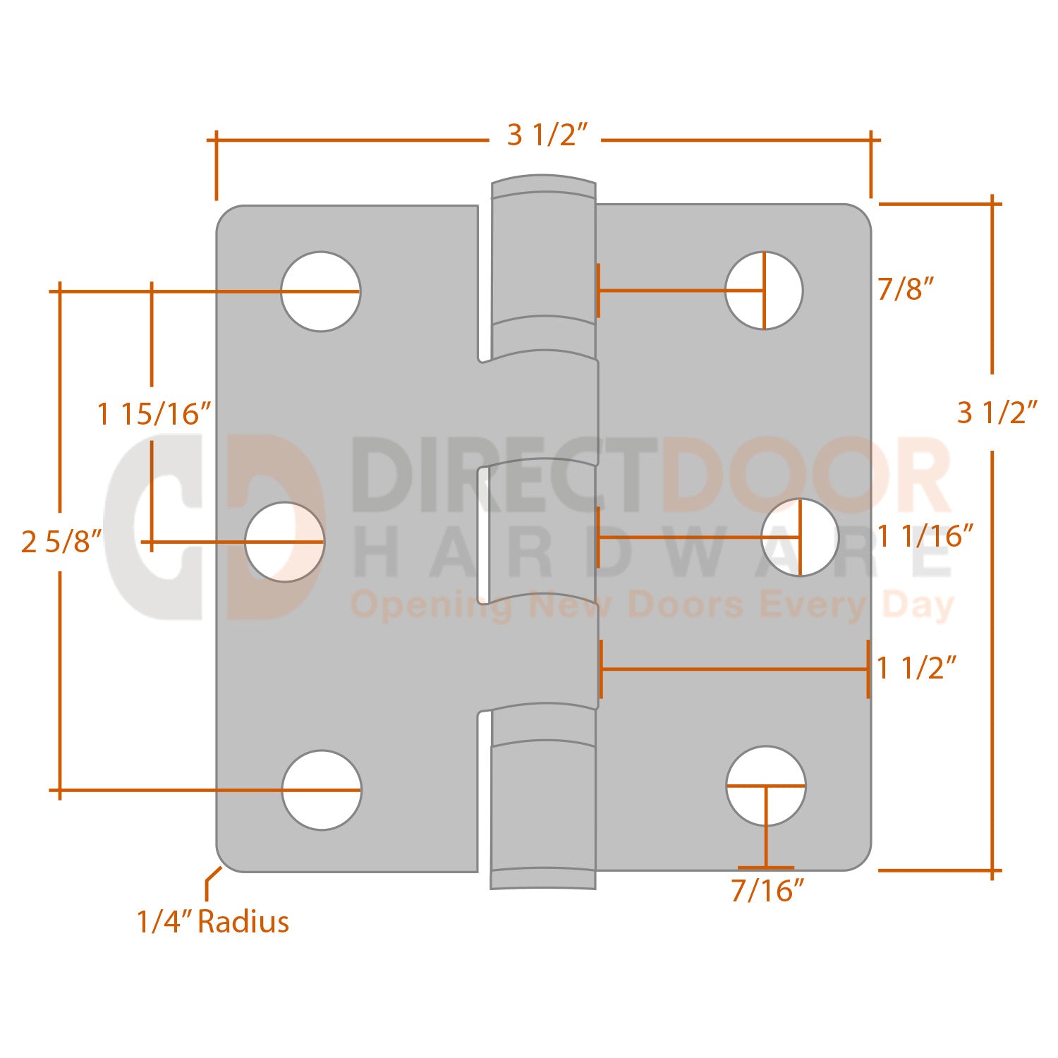 Measurements for Emtek 9842332D 3.5 inch Door Hinge - 1/4 inch Radius