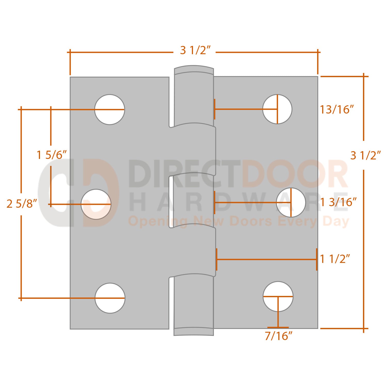 Measurements for Emtek 3/5 inch Heavy Duty Door Hinge - Square Corners