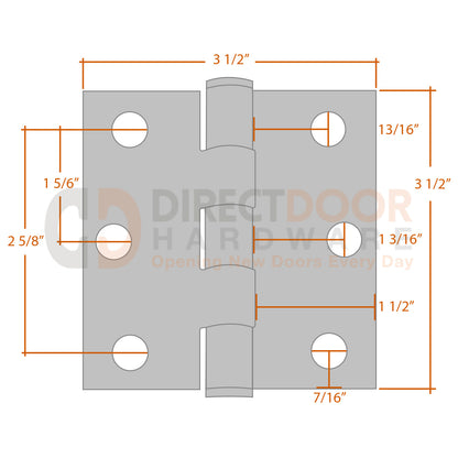 Measurements for Emtek 3/5 inch Heavy Duty Door Hinge - Square Corners