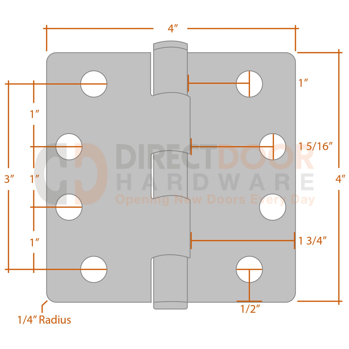 Measurements for Emtek 4x4 Heavy Duty Door Hinge - 1/4 inch Radius