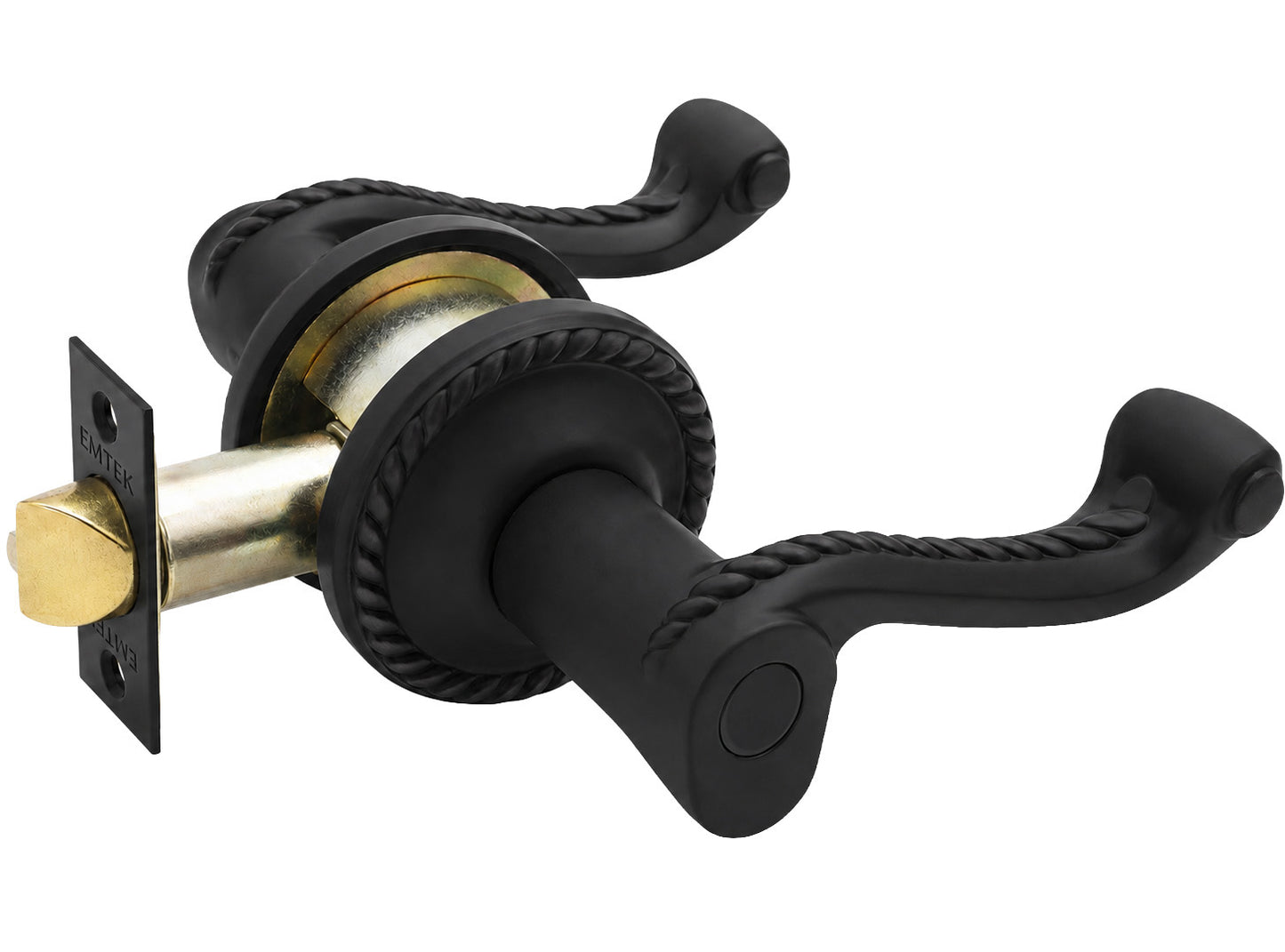 Emtek rope dummy keyed lever with rope rosette shown in a flat black finish.