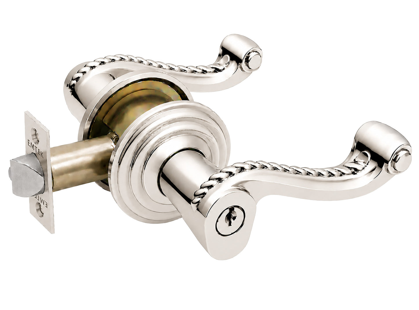 Emtek Rope Key in Lever with Regular Rosette shown in polished nickel.