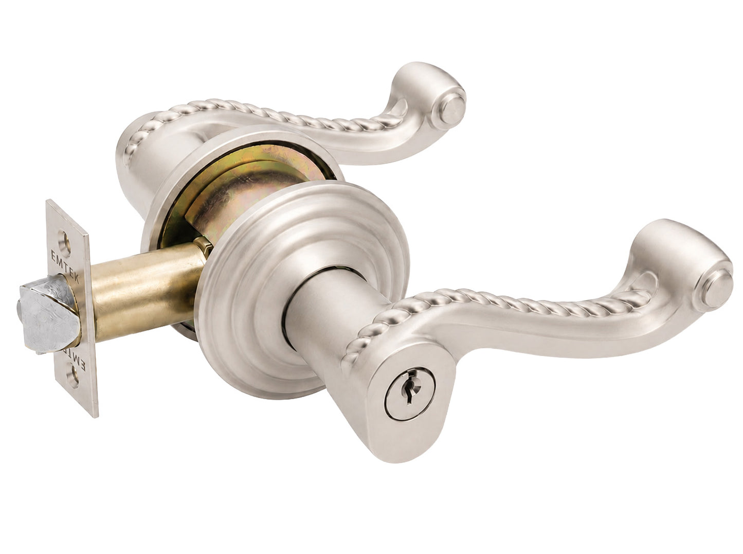 Emtek Rope Key in Lever with Regular Rosette shown in satin nickel.