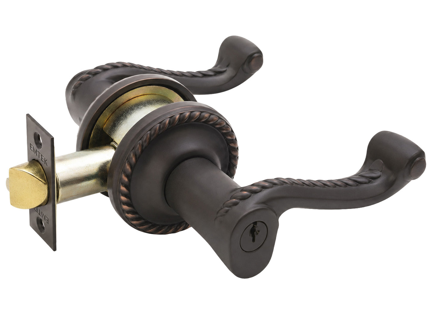 Emtek rope keyed lever with rope rosette shown in a oil rubbed bronze finish.