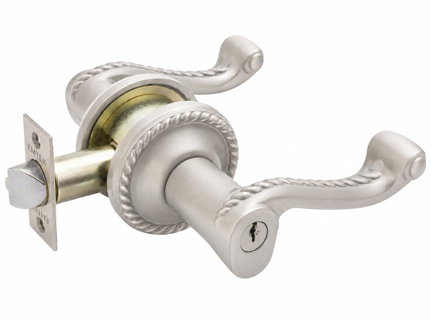 Emtek rope keyed lever with rope rosette shown in a satin nickel finish.