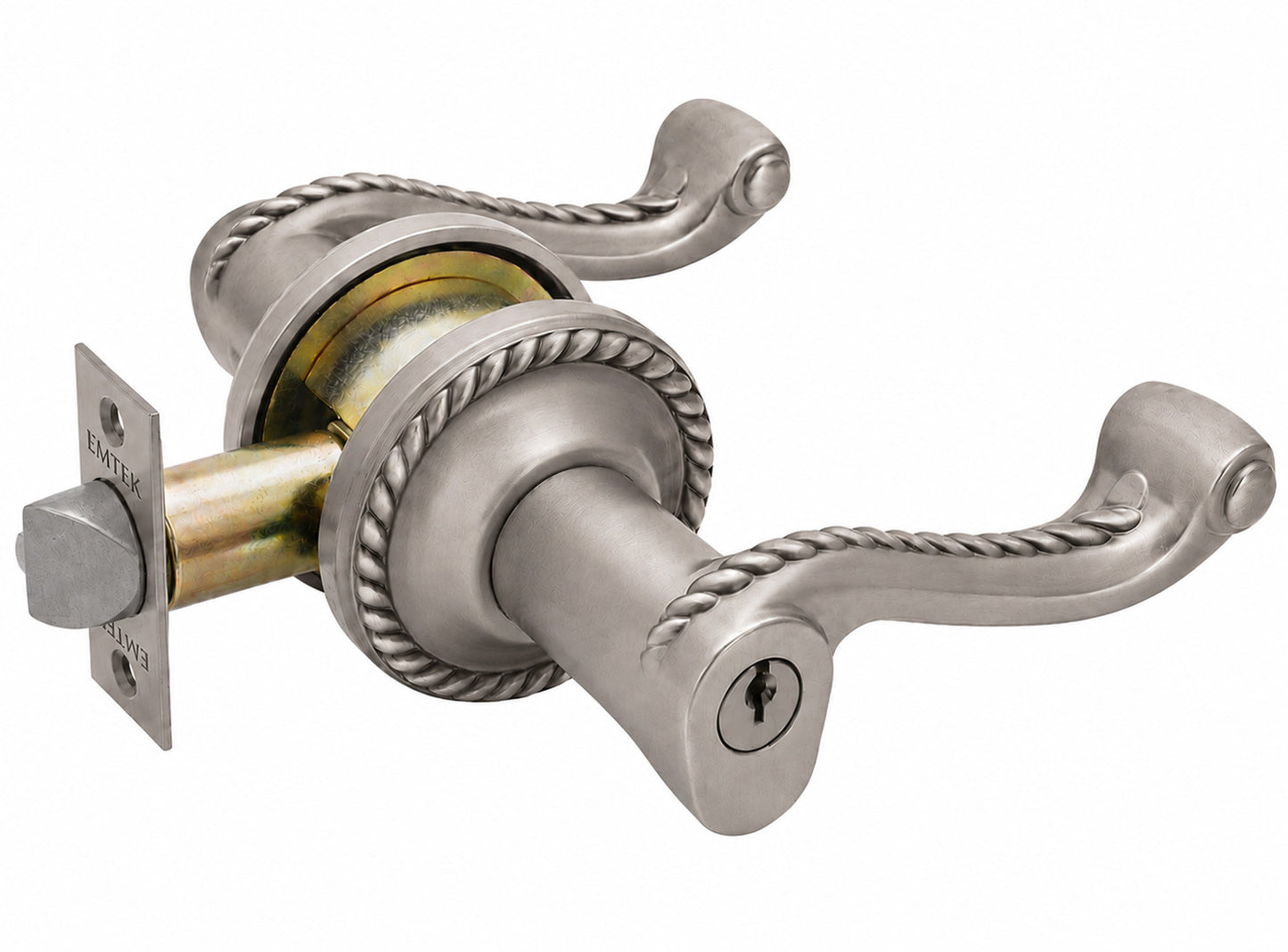 Emtek rope keyed lever with rope rosette shown in a pewter finish.