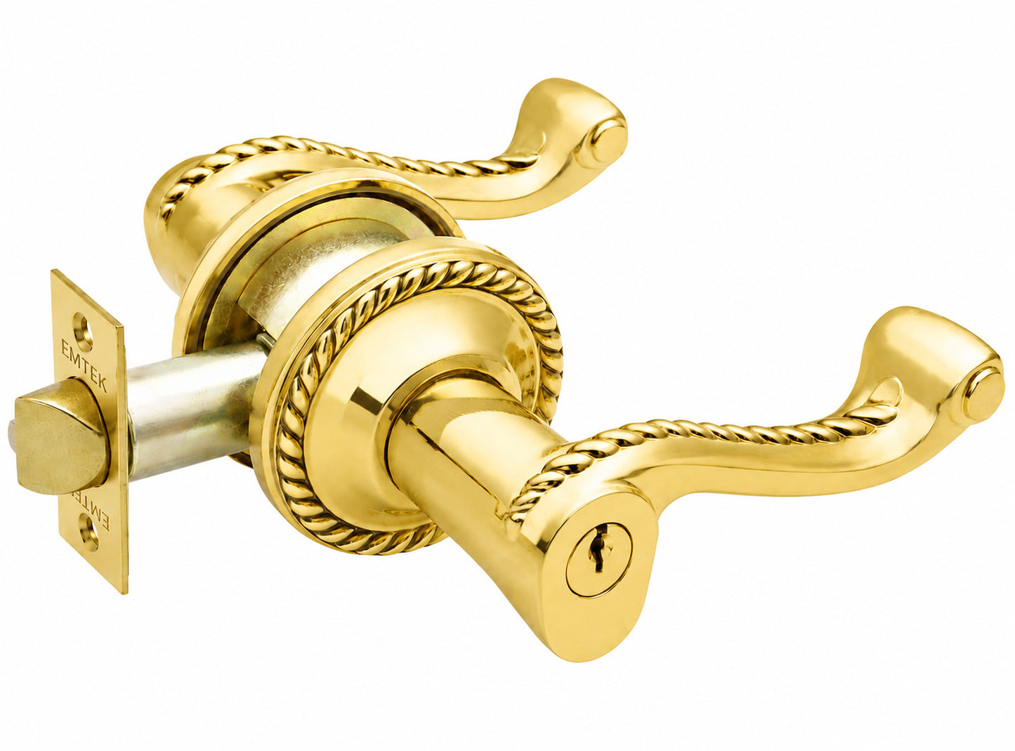 Emtek rope keyed lever with rope rosette shown in a unlaquered brass finish.
